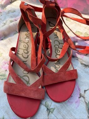 Sam Edelman Coral-Red Suede Lace-Up Sandals